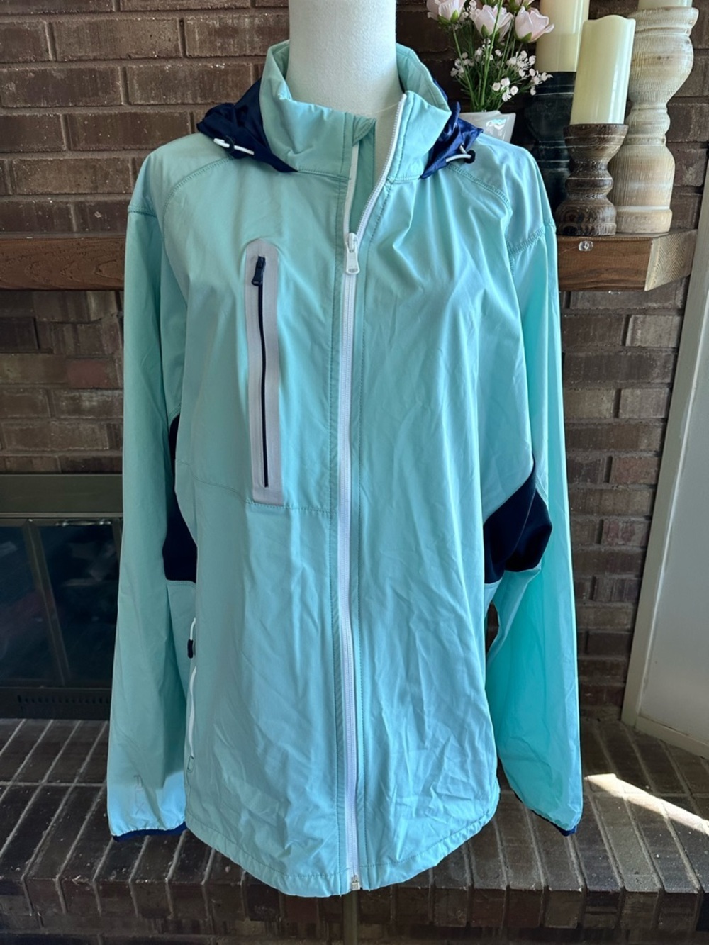 RLX Ralph Lauren Aqua Blue Navy Hooded Golf Windbreaker Jacket XXL